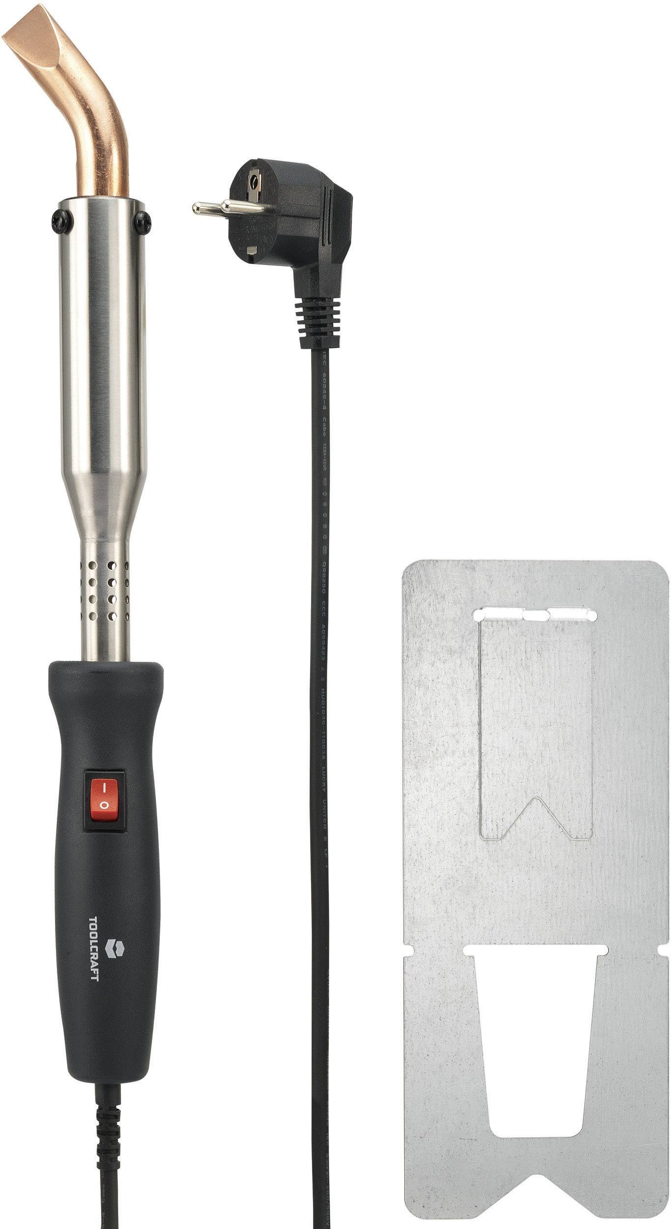 Soldering iron with copper nozzle, black handle, and mains plug, alongside a metal stand. Ideal for soldering and crafting.
