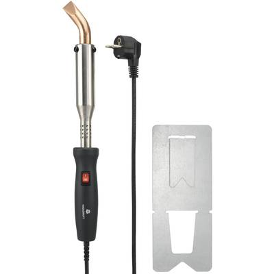 Soldering iron with copper nozzle, black handle, and mains plug, alongside a metal stand. Ideal for soldering and crafting.