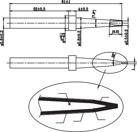 Technical drawing of a component with two views. Top: Cross-sectional view with dimensioning. Bottom: Detail view of a section in an oval.