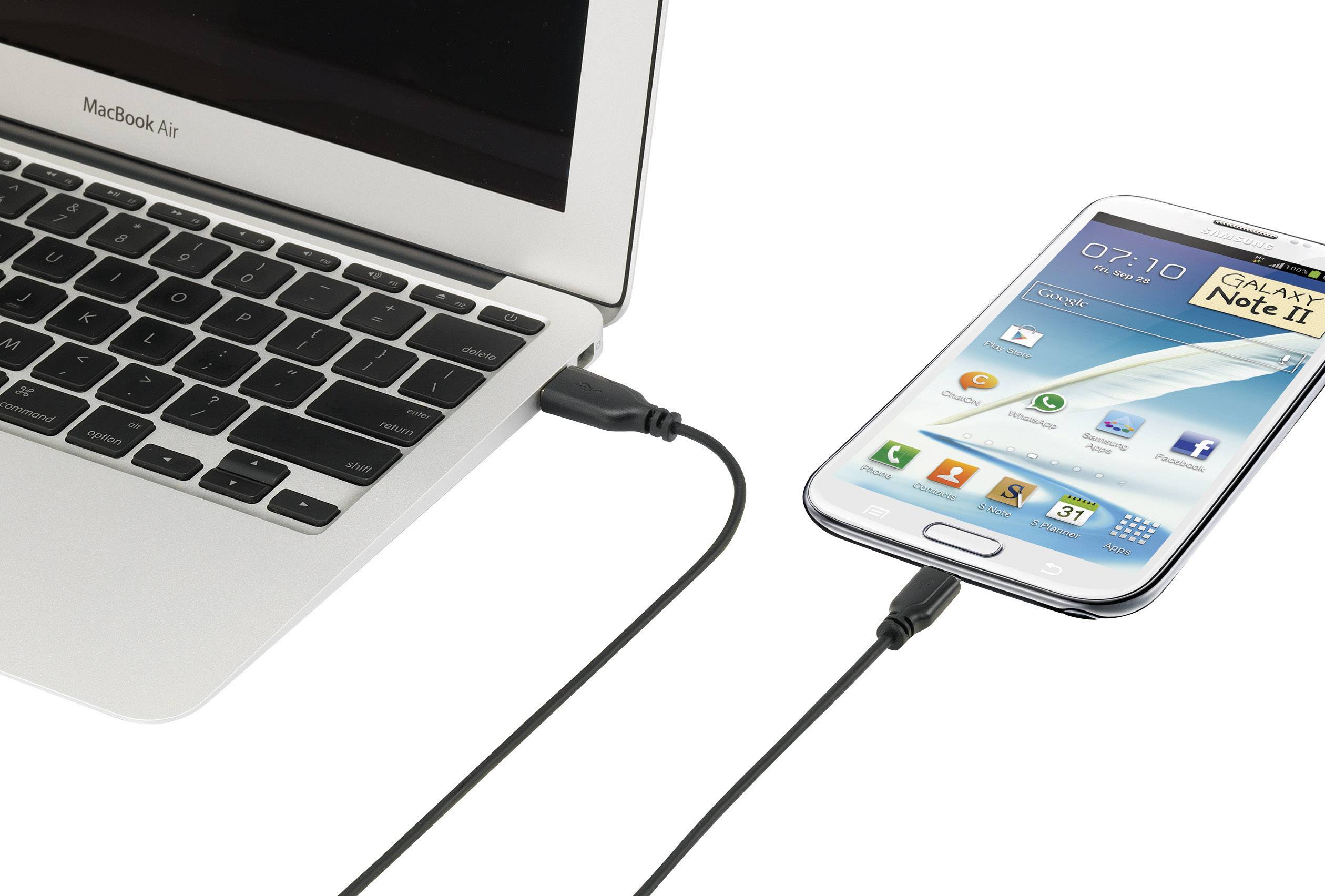 A laptop is connected to a smartphone via a USB cable.