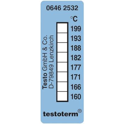 Adhesive thermometer with scale from 160°C to 199°C, company name 'Testo GmbH & Co.' and address 'D-79849 Lenzkirch'.
