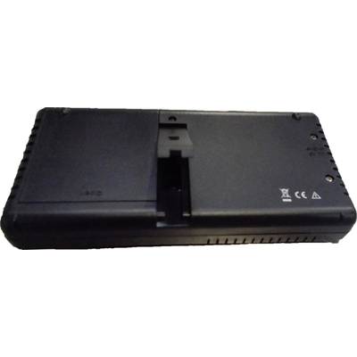 The image shows the back of an electronic device with a battery compartment in the centre and symbols for CE marking and waste sorting.