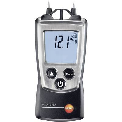 Moisture meter with digital display showing '12.1%'. Three buttons: Menu, Mode, On/Off. Brand: Testo 606-1.