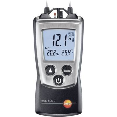 Moisture measuring device with digital display shows relative humidity 20.2%, temperature 25.4 °C and moisture value 12.1%.