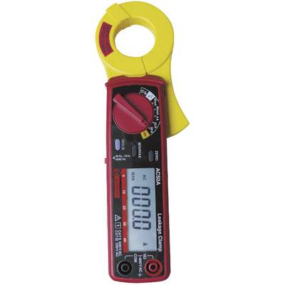 'Pro'sKit Multimeter', a red device with a yellow clamp, displaying a digital screen with measurement readings, used for measuring current in cables.
