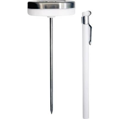 A stainless steel probe analogue thermometer with a plastic casing, suitable for measuring temperatures in foodstuffs.