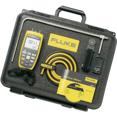 A suitcase with a digital air flow measuring device, yellow cable, user manual and accessories, all labelled with 'FLUKE'.