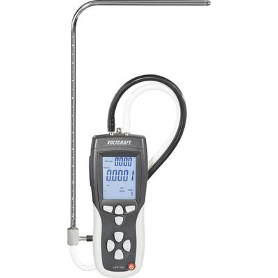 A Voltcraft digital anemometer with a display shows measurement values. It stands out due to its curved measuring tube.