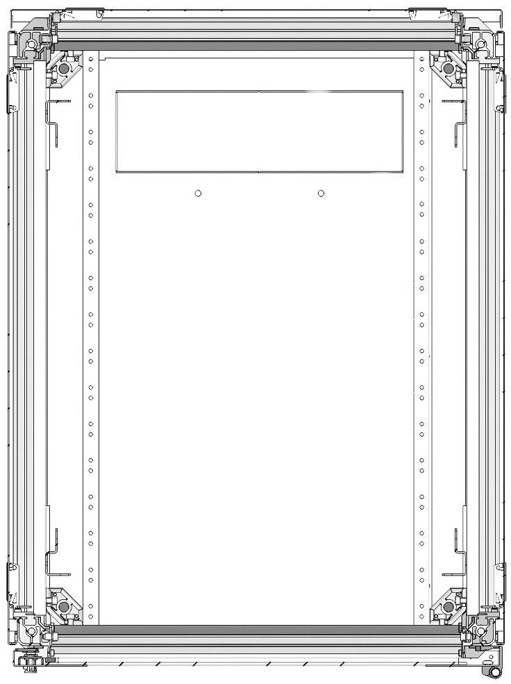 Technical drawing of a rectangular frame with screw holes and a central aperture, likely for a door or window.