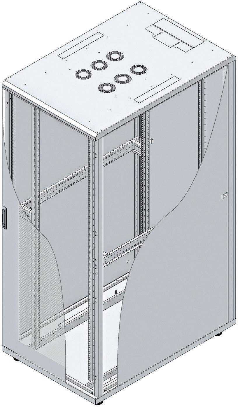 A large, rectangular server cabinet with ventilation holes on the top, partially transparent sides, open for ventilation.