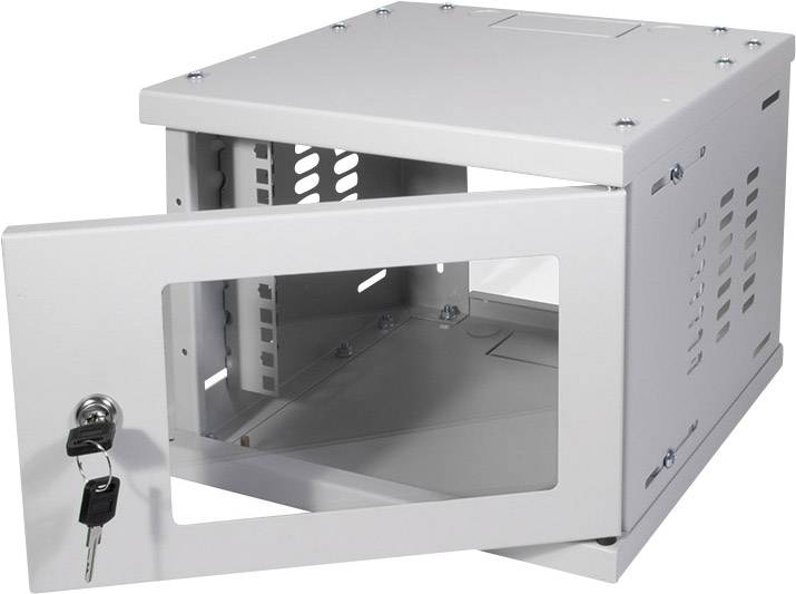 White, rectangular metal box with a glass door that is half open. Two keys are inserted in the lock on the door.