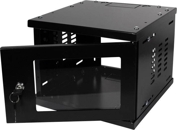 Black wall-mounted server cabinet with an open glass door, revealing its internal storage space. It features multiple ventilation slots.