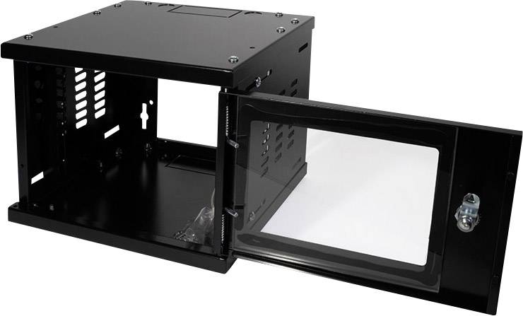 A black, empty wall-mounted enclosure with an open glass door, suitable for storing technical equipment.