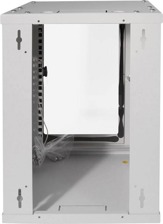 White, empty wall-mounted network cabinet with open front and rear, suitable for mounting network devices in IT environments.