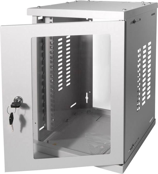 Metal cabinet with glass door and lock; open door reveals empty interior with ventilation holes on the side walls.