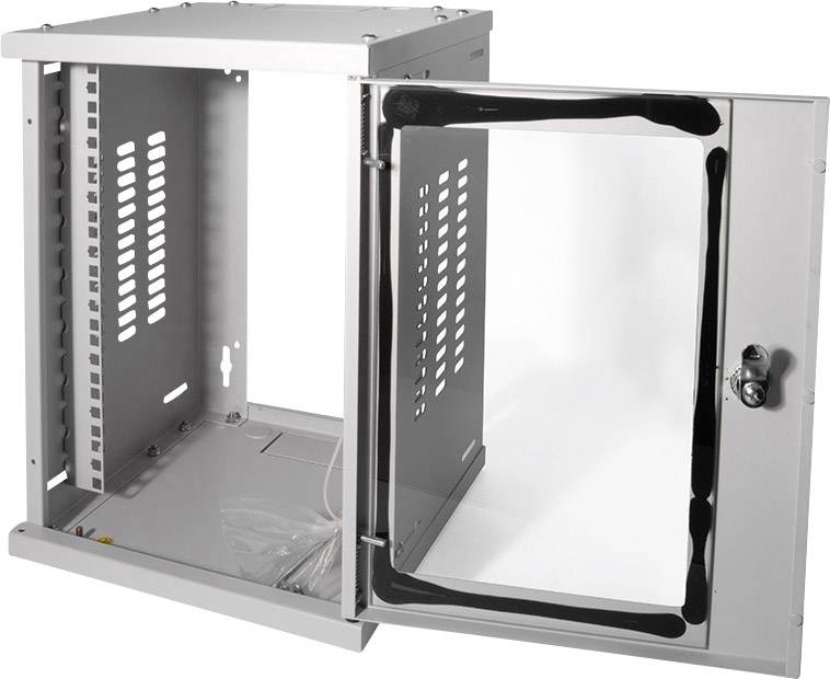 'Open grey metal network cabinet with glass door, suitable for wall mounting. Ventilation slots are visible inside.'