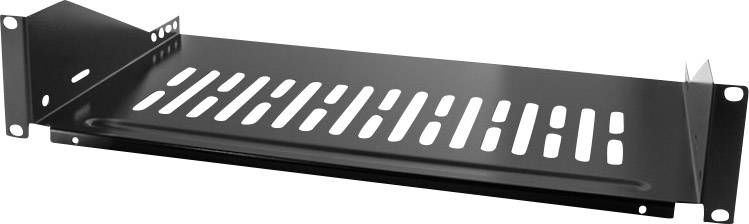 A black metal rack-mounting shelf with a ventilated surface, designed for securely mounting equipment in a server cabinet.