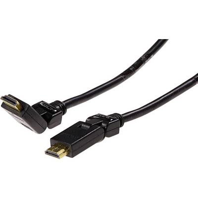 Black HDMI cable with two connectors, one standard and one angled. Suitable for video and audio connections between devices.