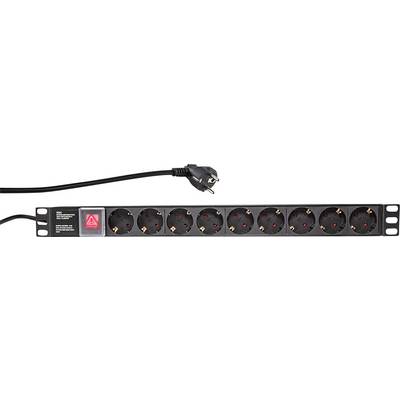 A black power strip with eight socket outlets and a power cable, suitable for use in server racks.