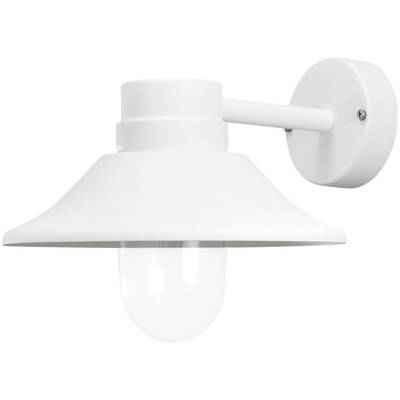White wall lamp with a modern, minimalist design, suitable for interior spaces. It features a round shade and a cylindrical mounting bracket.