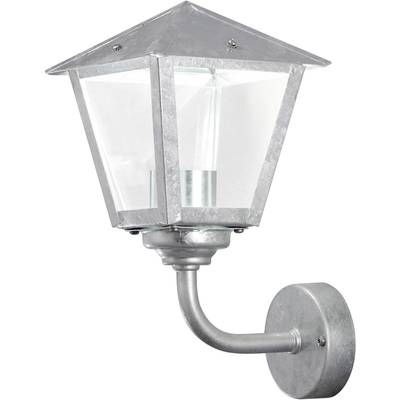 Metal outdoor wall light in a traditional lantern style, with clear glass panels and curved wall-mounted arm.