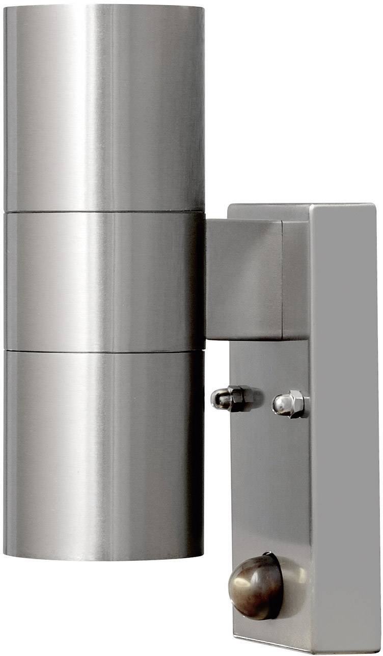 Wall light made of brushed steel with two cylindrical lampshades.