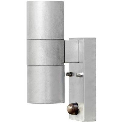 Silver cylindrical wall bracket with electrical connections; used for mounting and connecting devices to walls.