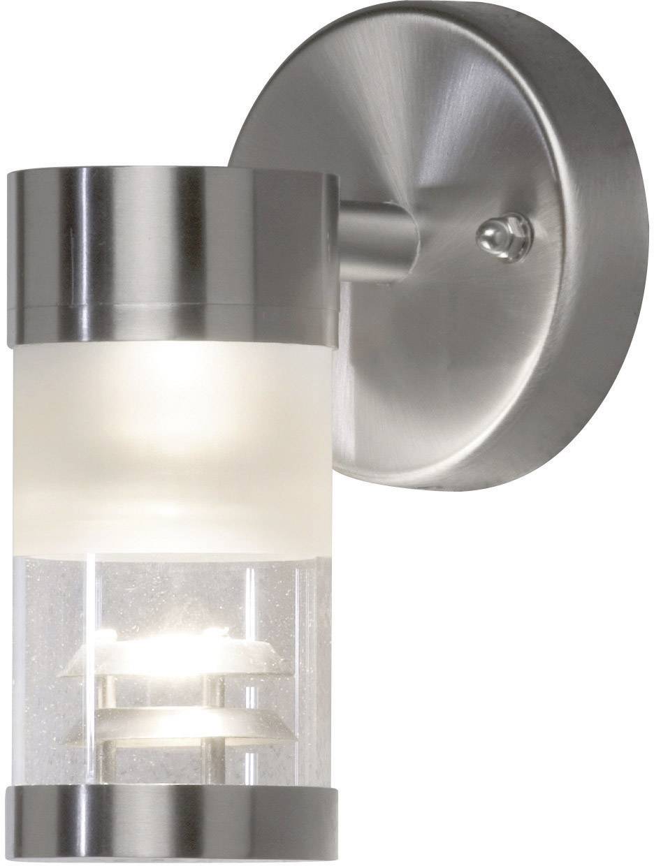 Wall light made of metal with cylindrical glass, suitable for indoor and outdoor areas. Modern, minimalist design.