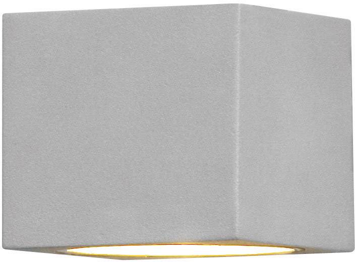Grey, square wall light with warm downward light.