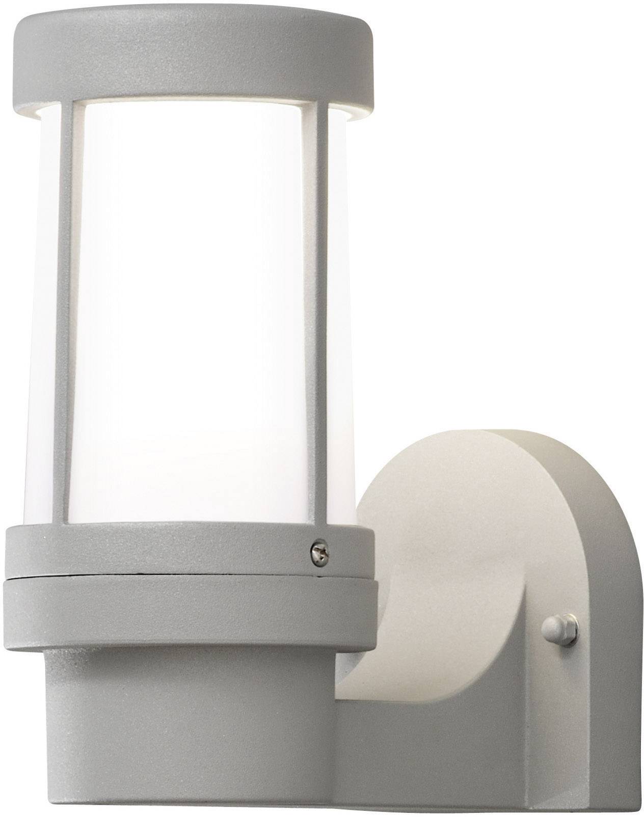Grey, cylindrical outdoor wall light with a glass cylinder. Ideal for house entrances or patios.