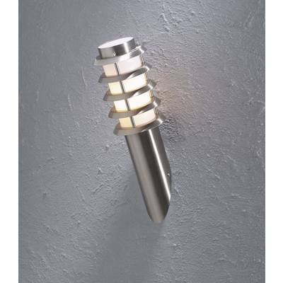 Stainless steel wall light with vertical louvres, illuminating a grey wall. Modern design for exterior or interior spaces.