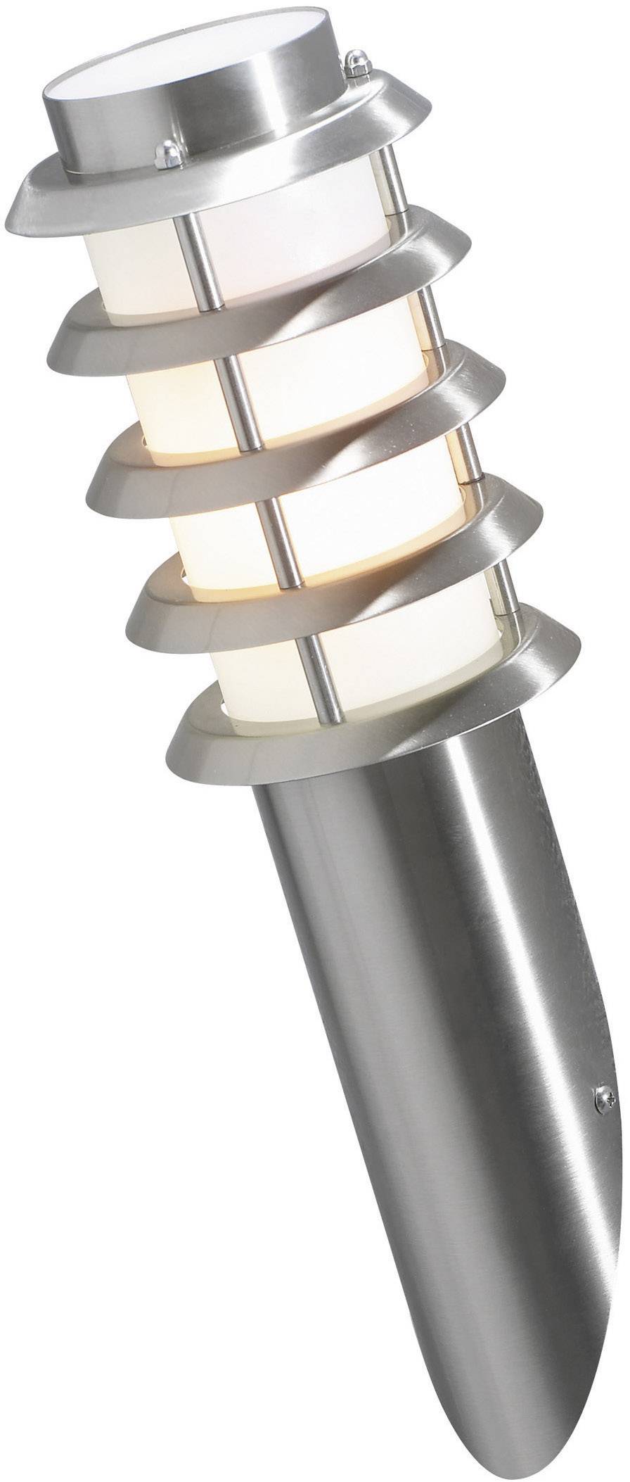 Modern stainless steel lamp with vertical metal rails surrounding a cylindrical glass shade that emits soft light. Suitable for outdoor use.