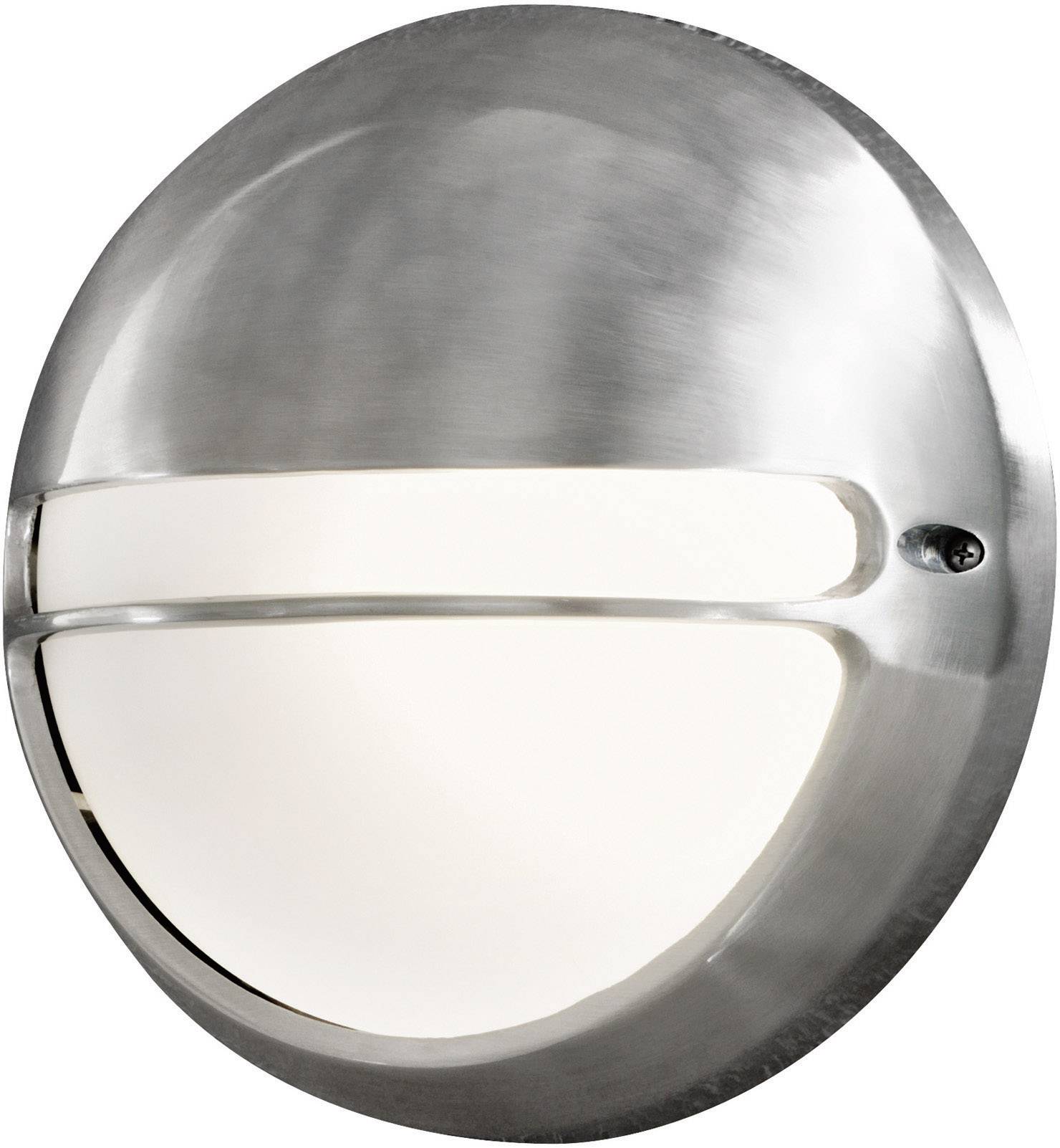 Round wall light made of brushed metal with two horizontal recesses through which diffused light is emitted.