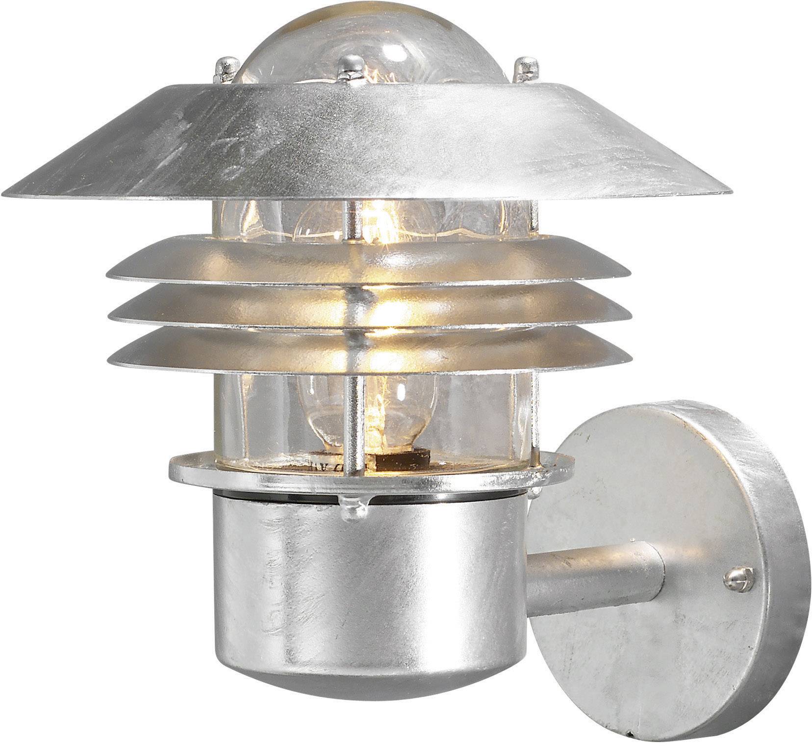 Metal outdoor light with a round design and visible light bulb. Wall-mounted fitting.