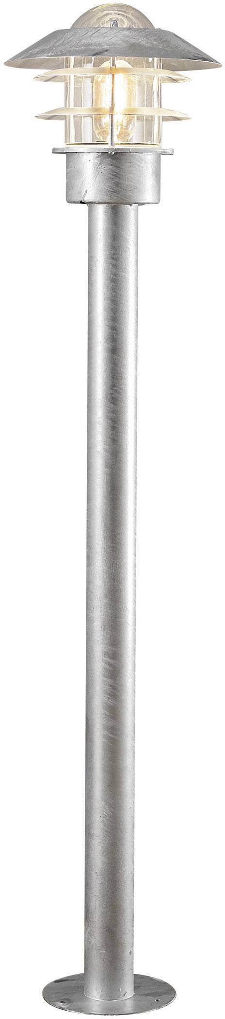 A tall outdoor light in a classic style with a round lampshade and transparent glass, standing on a metal post.