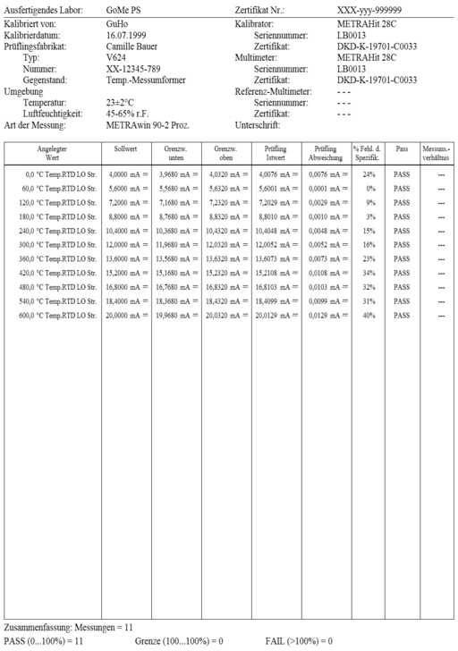 Calibration Certificate for Temperature Probes. Shows test item data, environmental conditions and measurement results. All measurements: 'PASS'.