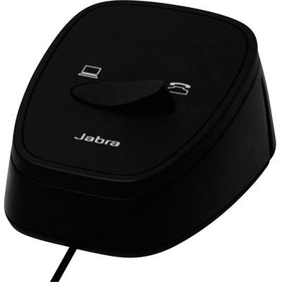 Black Jabra switching device with cable, two symbols, and a rotary switch for changing between computer and telephone connections.