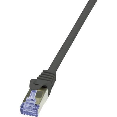 A black Ethernet cable with a silver and blue RJ45 connector, used for network connections.
