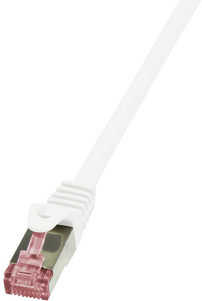 A white Ethernet cable with a red connector, positioned horizontally.