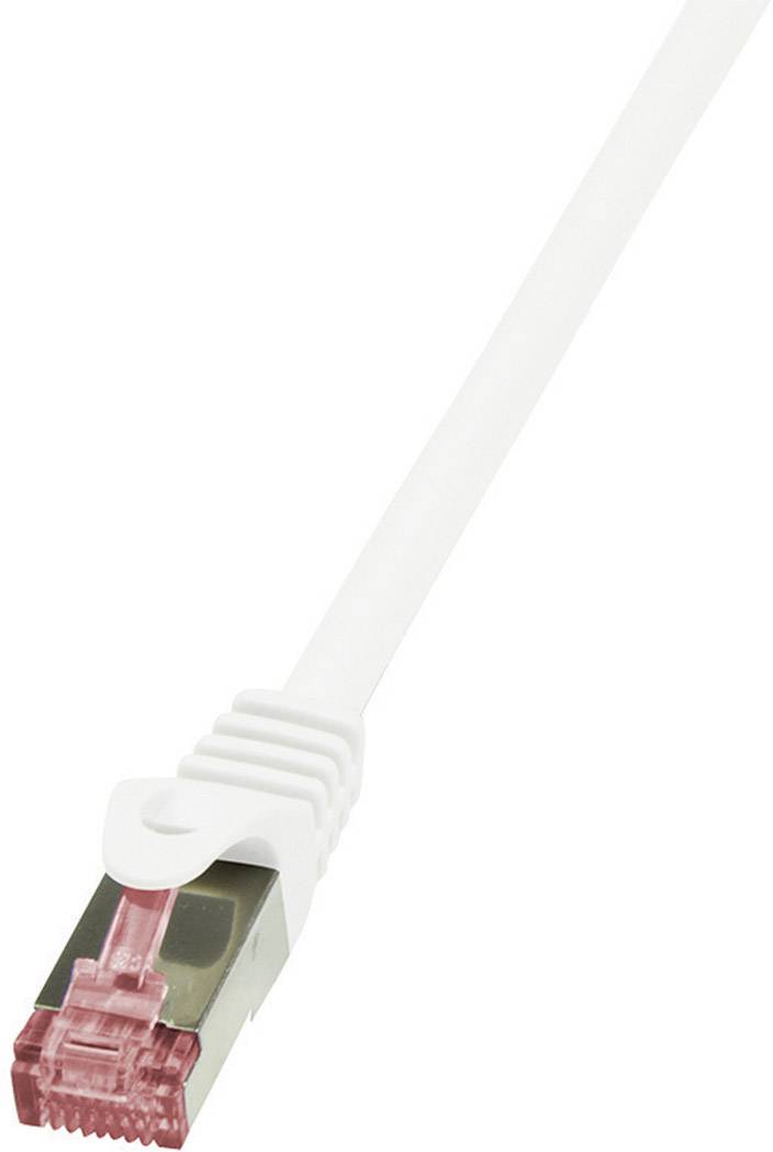 A white Ethernet cable with a red RJ45 connector.