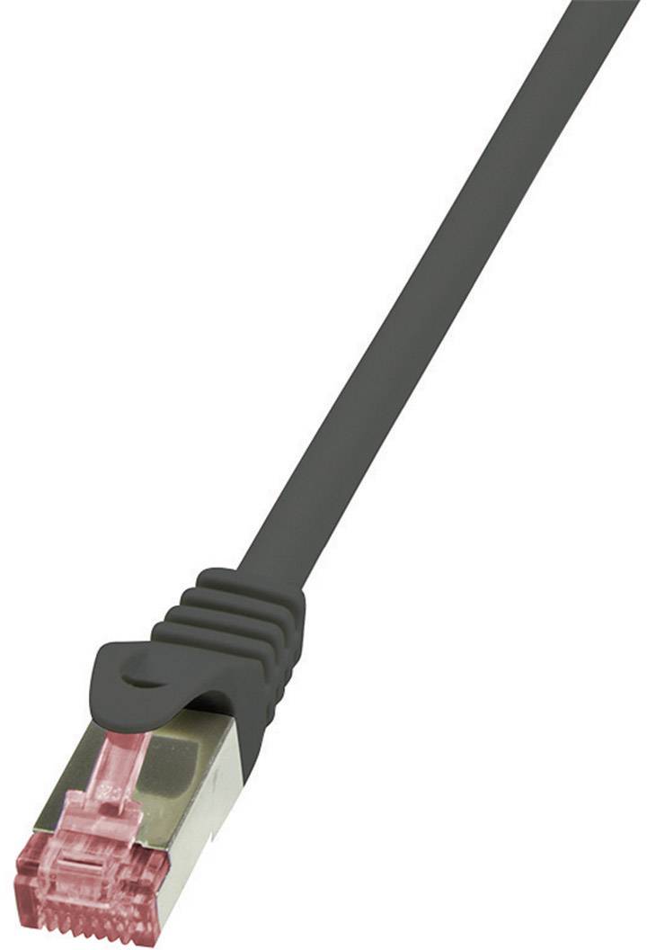 A black network cable with a red RJ45 connector.