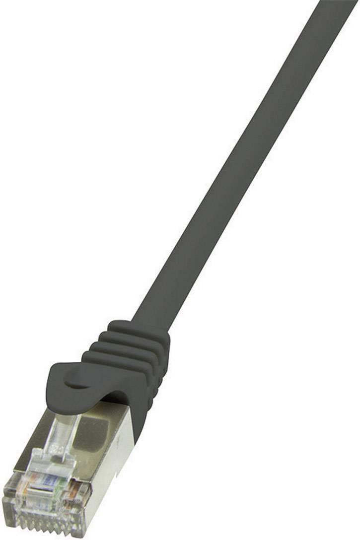 A black Ethernet cable with a connector, used for connecting network technology.