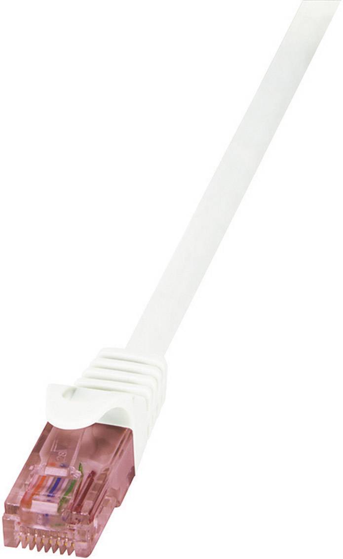 A white network cable with a pink RJ45 connector at the end, used for internet or network connections.