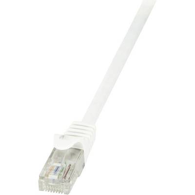 A white Ethernet cable with an RJ-45 plug at the end, used for connecting network devices.