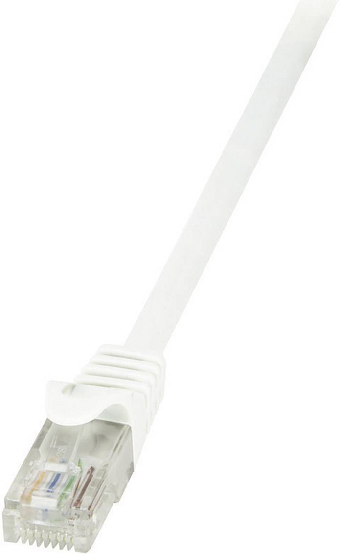 A white Ethernet cable with an RJ45 plug at the end, used for network connections.