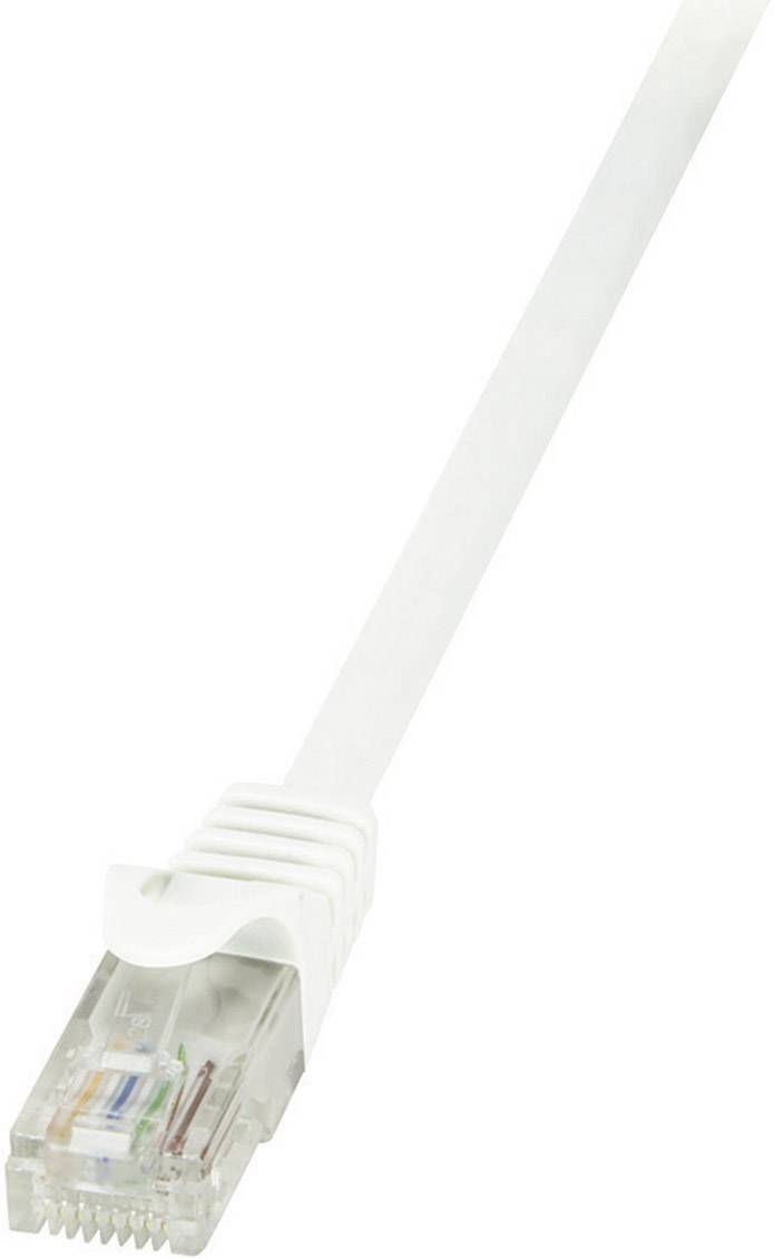 A white Ethernet cable with an RJ45 plug at the end, ready to connect to a network port for internet or data transmission.