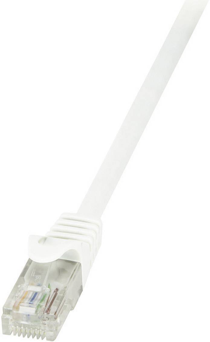 'Ethernet cable with RJ45 plug, white, close-up.'