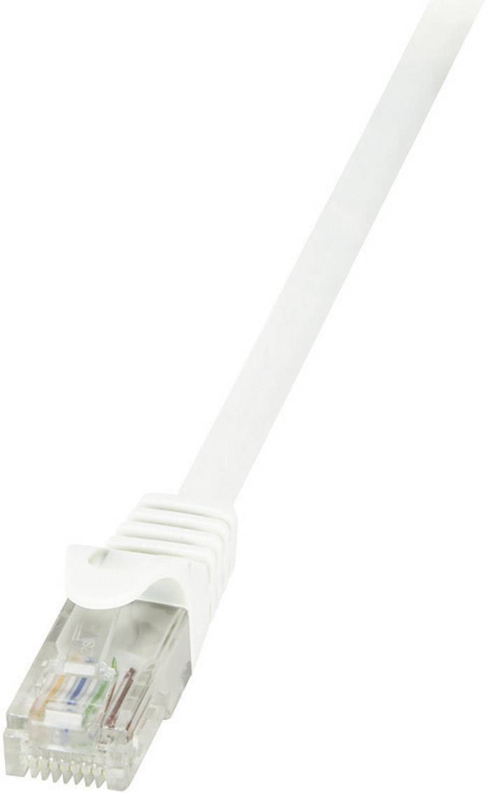 A white Ethernet cable with a transparent RJ45 connector, used for network connectivity.