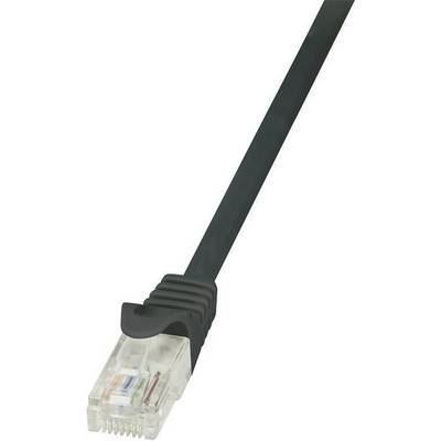 A black Ethernet cable with a clear RJ45 connector, designed for use in network connections.