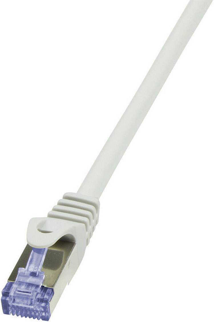 A white Ethernet cable with an RJ45 connector, typical for computer and network connections.